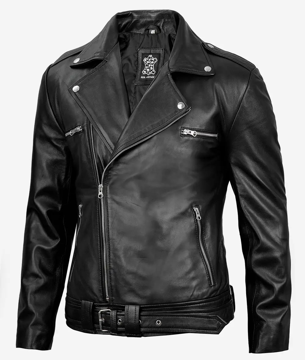 Negan Men's Black Asymmetrical Belted Biker Style Leather Jacket