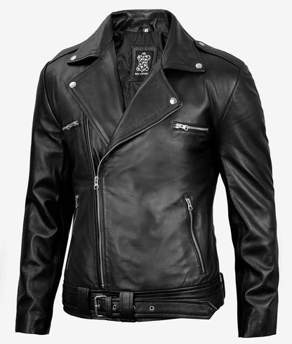 Negan Men's Black Asymmetrical Belted Biker Style Leather Jacket