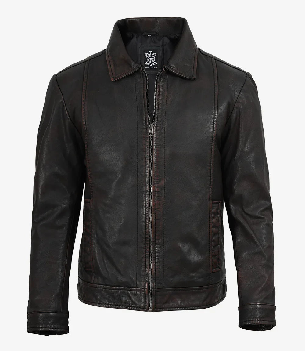 Men's Black Distressed Leather Jacket with Maroon Undertone
