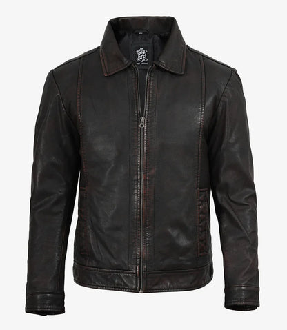 Men's Black Distressed Leather Jacket with Maroon Undertone