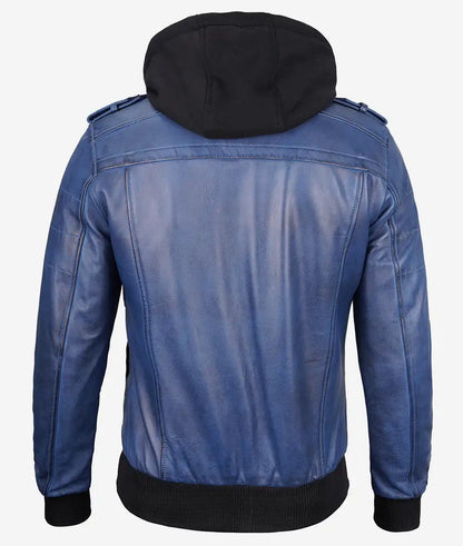 Men's Blue Wax Leather Bomber Jacket With Removable Hood
