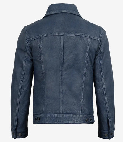Mens Denim Style Trucker Blue Washed Leather Jacket