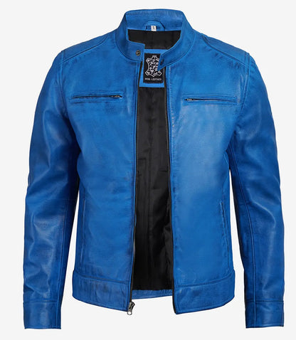 Dodge Men's  Distressed Blue Leather Cafe Racer Jacket