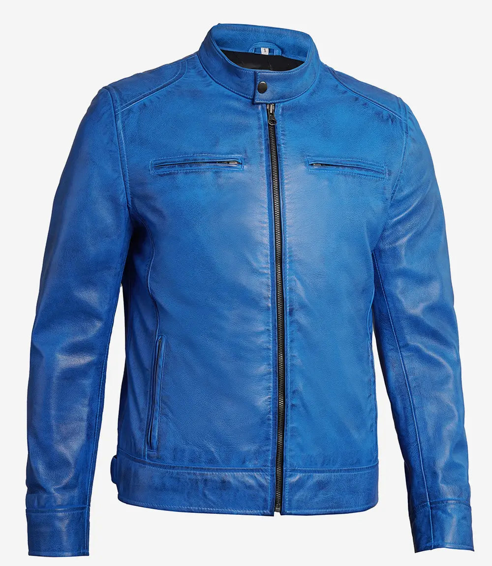 Dodge Men's  Distressed Blue Leather Cafe Racer Jacket