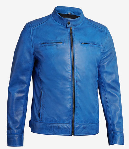 Dodge Men's  Distressed Blue Leather Cafe Racer Jacket
