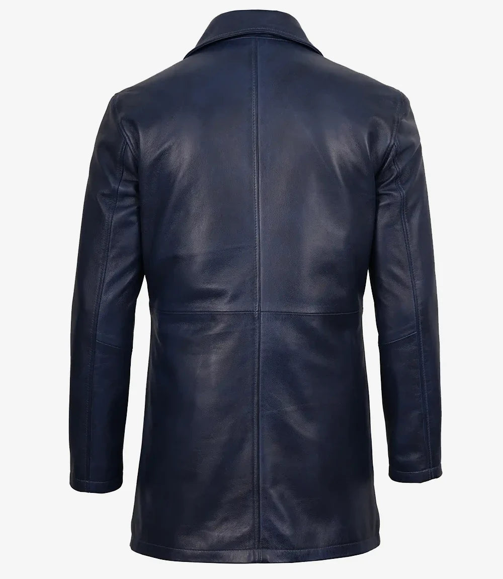 Men's Blue Lambskin 3/4 Length Car Coat