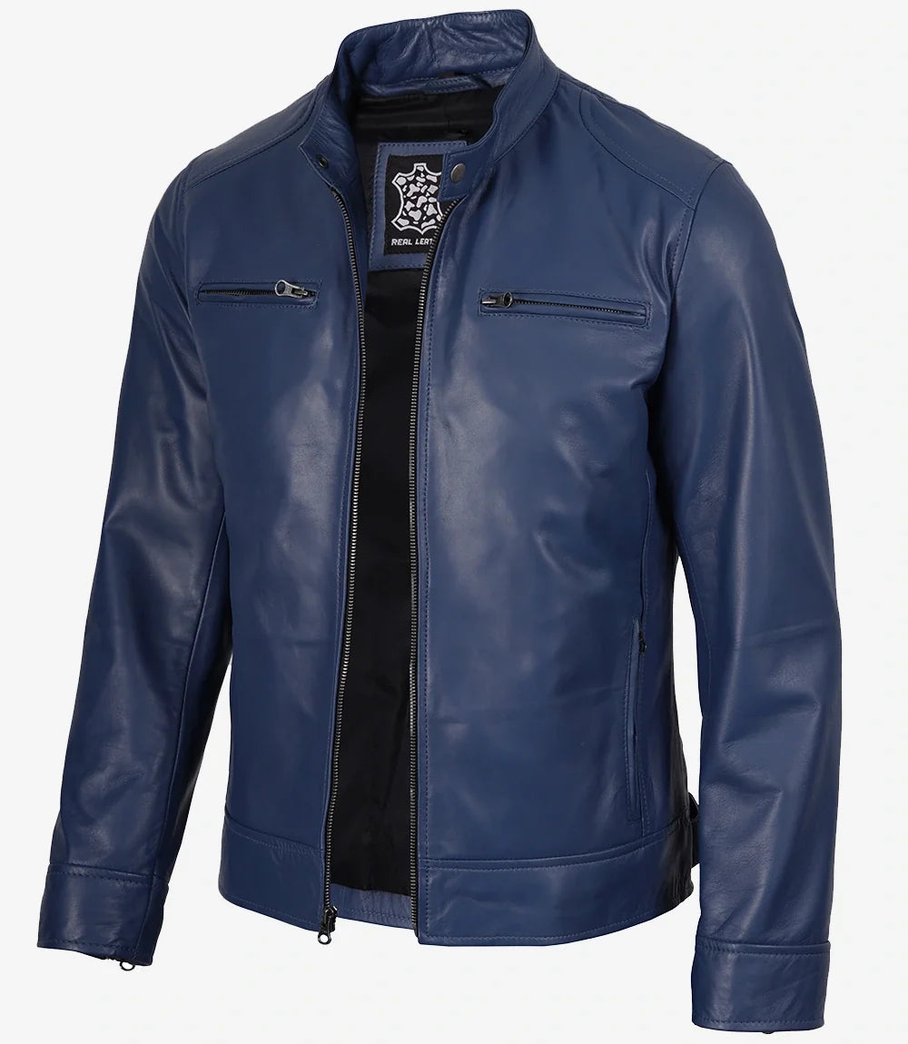 Men's Blue Lambskin Cafe Racer Jacket