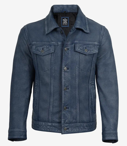 Mens Denim Style Trucker Blue Washed Leather Jacket