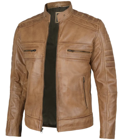 Austin Mens Distressed Tan Brown Cafe Racer Real Leather Jacket