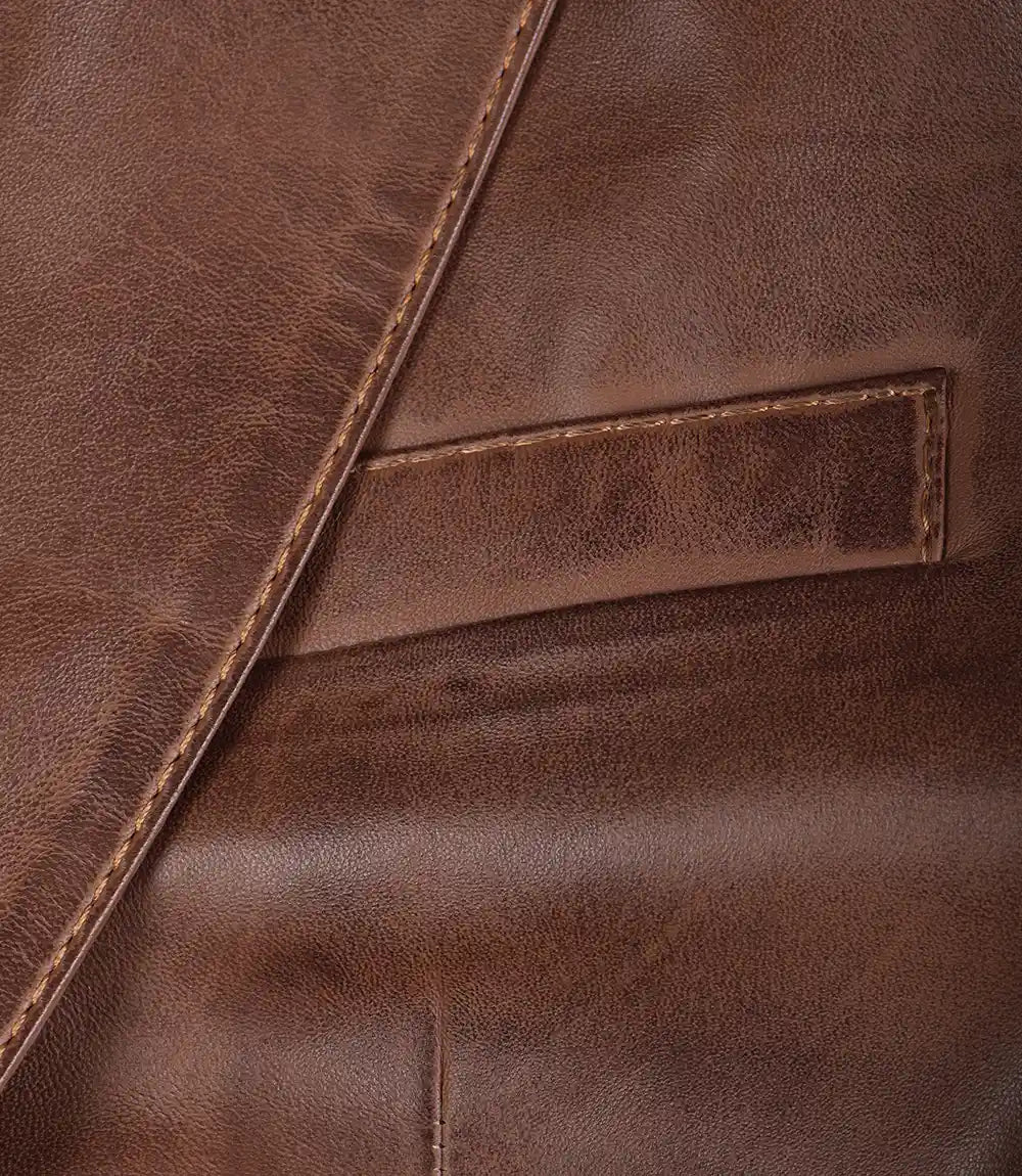 Mens Two Button Cognac Waxed Leather Blazer - Notch Lapel