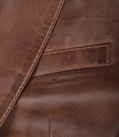 Mens Two Button Cognac Waxed Leather Blazer - Notch Lapel