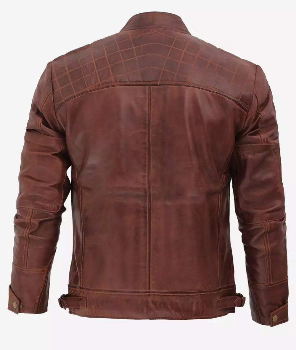 Men's Cafe Racer Cognac Leather Jacket - Quilted Shoulder Max Jackets