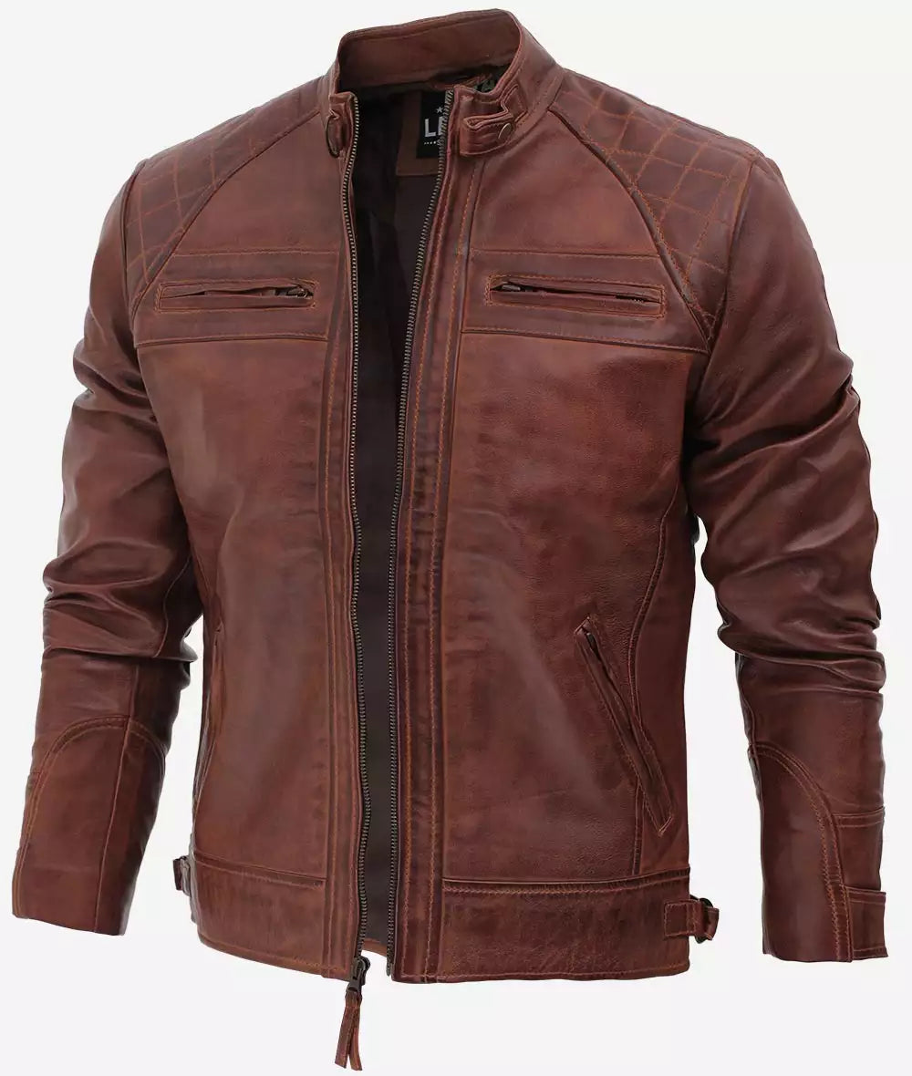 Men's Cafe Racer Cognac Leather Jacket - Quilted Shoulder Max Jackets