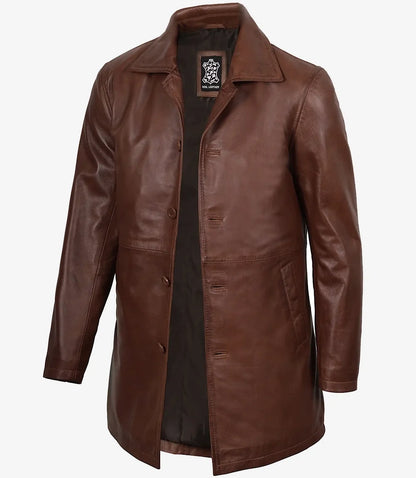 Men's Cognac Brown Leather Car Coat – 3/4 Length