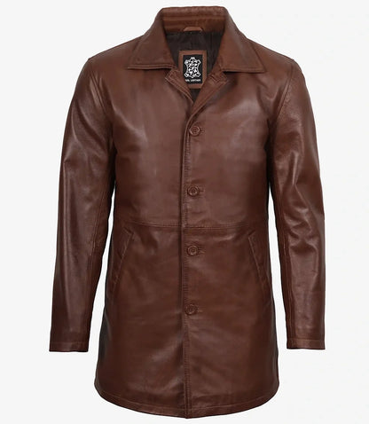 Men's Cognac Brown Leather Car Coat – 3/4 Length