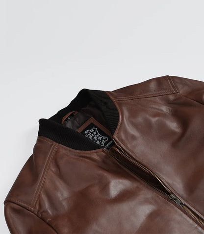 Men's Cognac Brown Lambskin Leather Bomber Jacket with Wax Finish