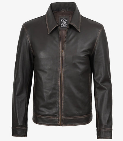 Mens Rub-Off Brown Harrington Leather Jacket