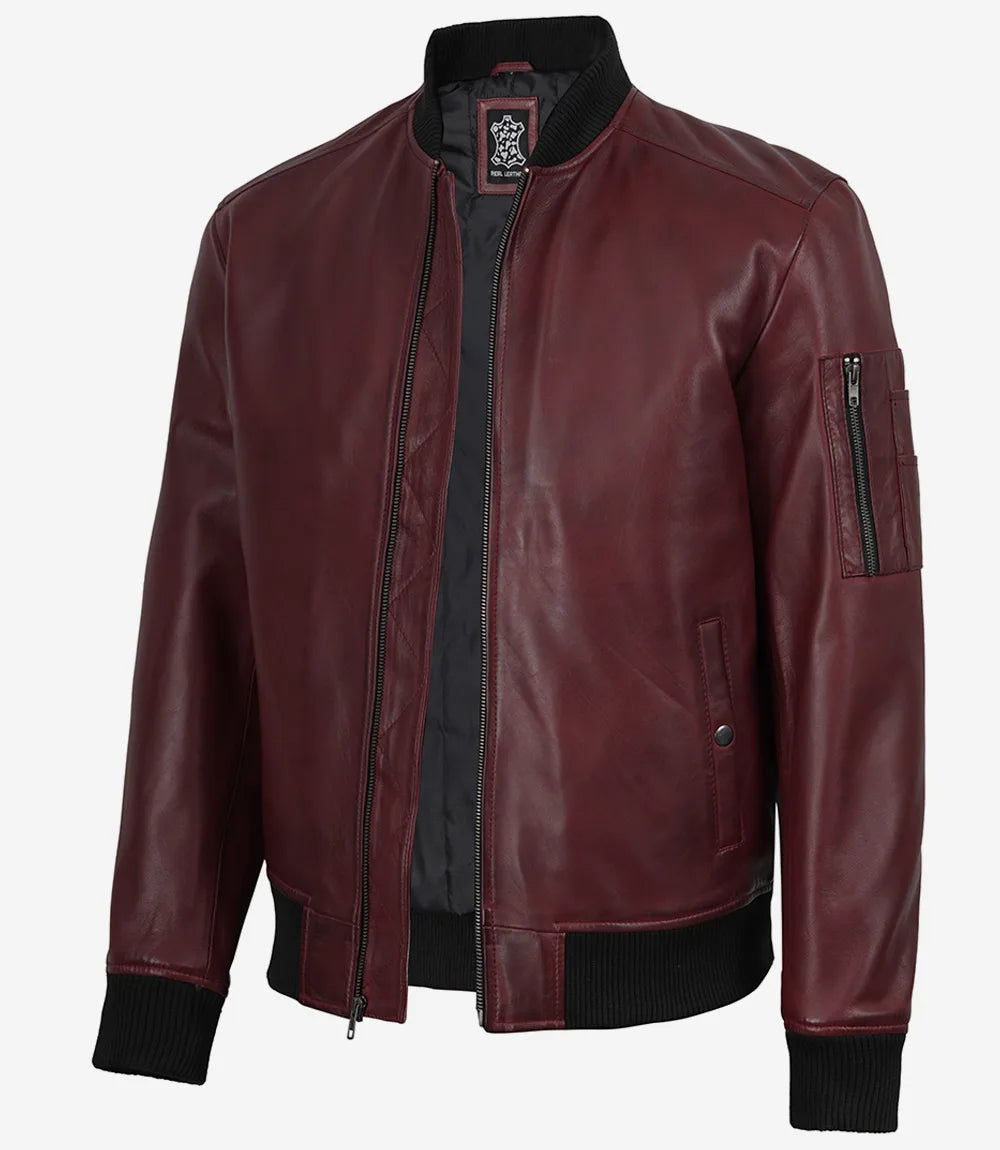 Men's Burgundy Lambskin Leather Bomber Jacket with Wax Finish
