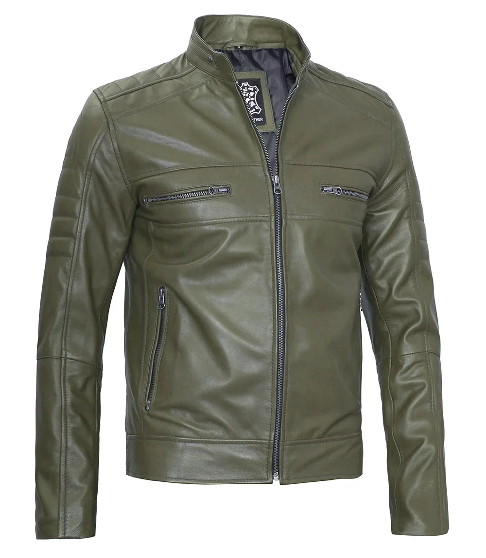 Men Cafe Racer Dark Green Real Leather Jacket