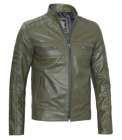 Men Cafe Racer Dark Green Real Leather Jacket