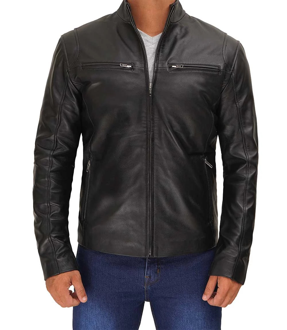 Mens Classic Black Cafe Racer Leather Jacket Max Jackets