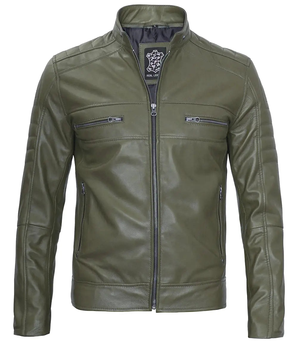 Men Cafe Racer Dark Green Real Leather Jacket