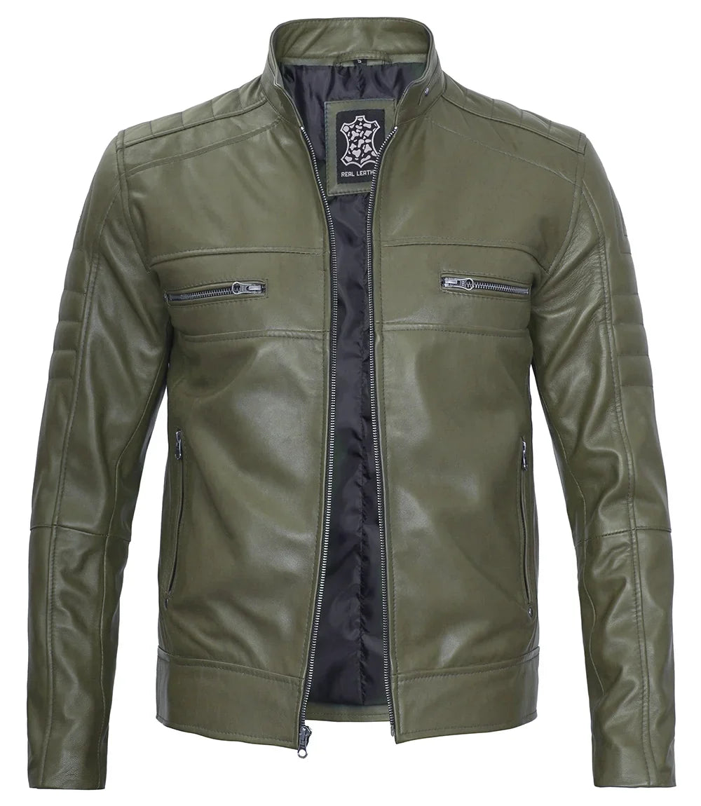 Men Cafe Racer Dark Green Real Leather Jacket