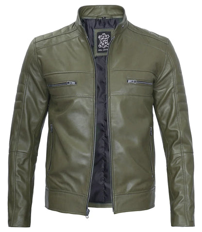 Men Cafe Racer Dark Green Real Leather Jacket