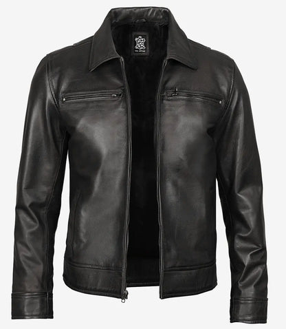 Mens Classic Shirt Collar Black Leather Jacket