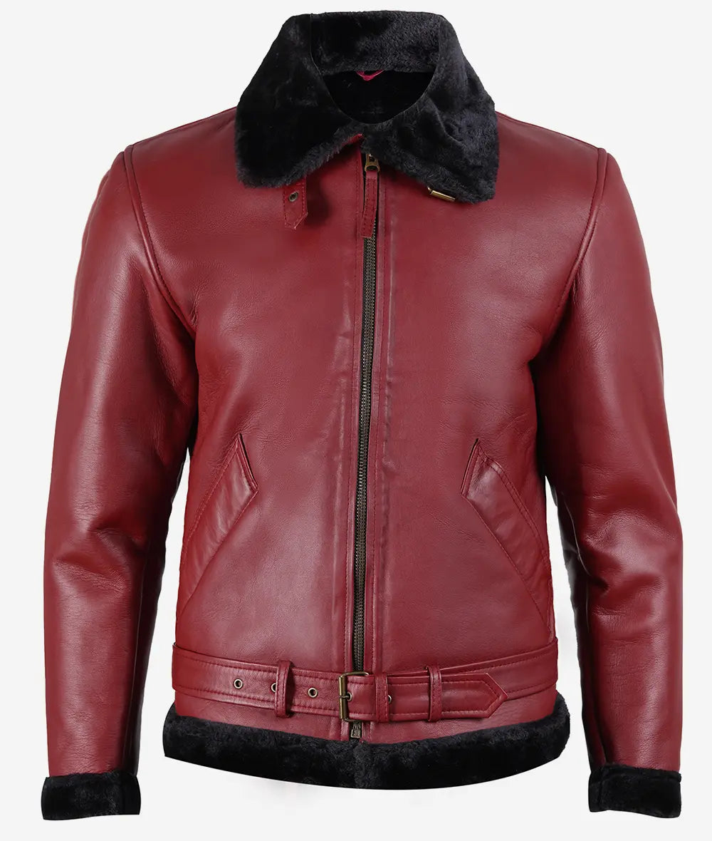 Men's Maroon Leather Shearling Bomber Jacket Max Jackets