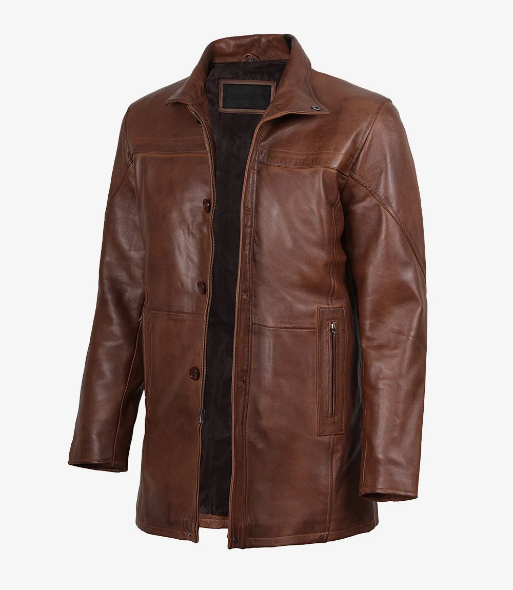Men's Real Lambskin Leather Cognac Car Coat