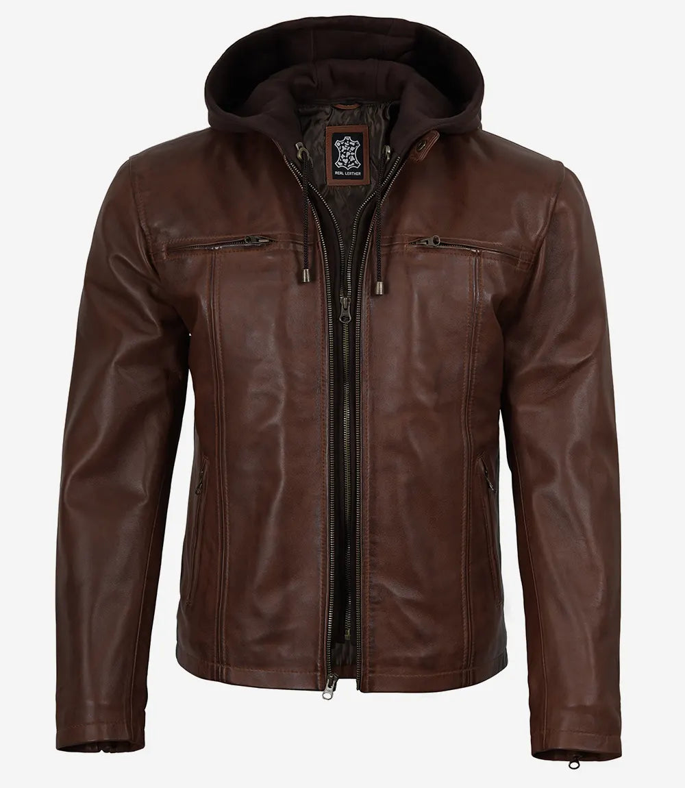 Mens Cognac Wax Cafe Racer Style Leather Jacket with Removable Hood
