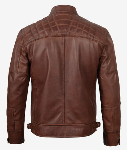 Johnson Mens Tall Cognac Biker Style Quilted Leather Jacket