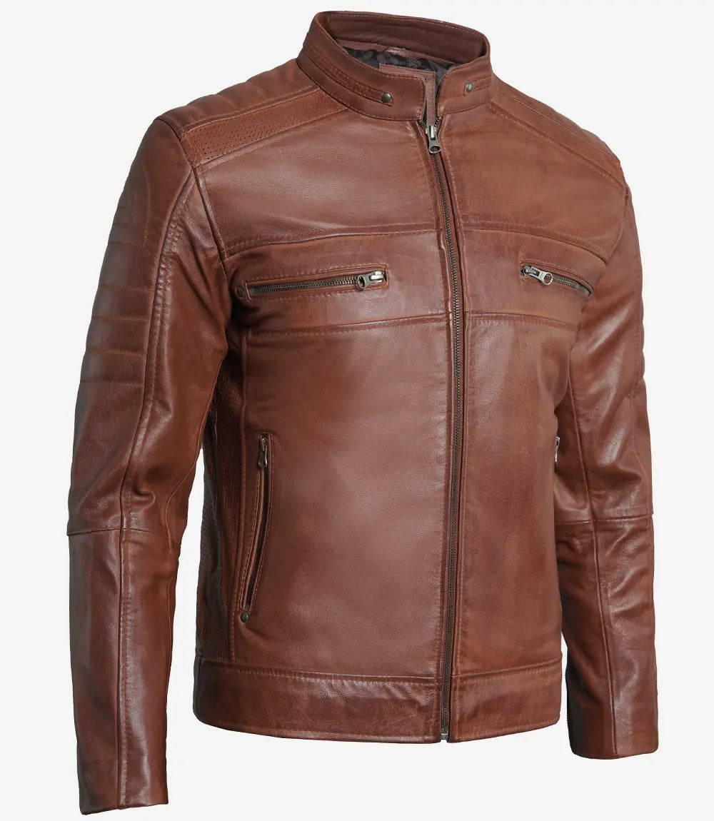 Men's Premium Cognac Cafe Racer Leather Jacket Max Jackets
