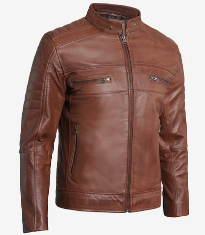 Men's Premium Cognac Cafe Racer Leather Jacket Max Jackets