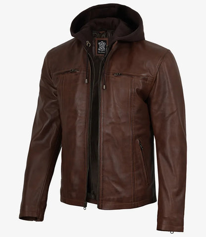Mens Cognac Wax Cafe Racer Style Leather Jacket with Removable Hood