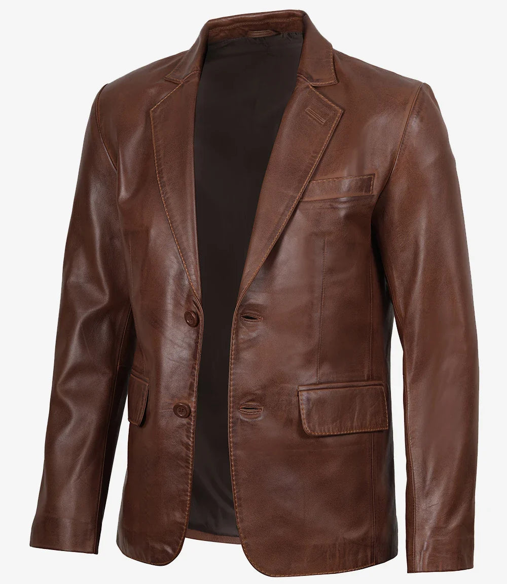 Mens Two Button Cognac Waxed Leather Blazer - Notch Lapel