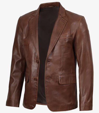 Mens Two Button Cognac Waxed Leather Blazer - Notch Lapel
