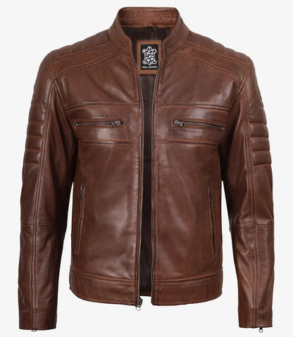 Men's Cognac Cafe Racer Leather Jacket