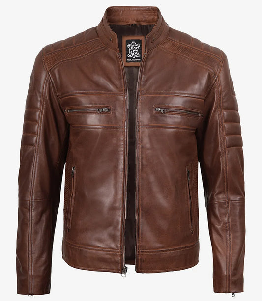 Men's Cognac Cafe Racer Leather Jacket