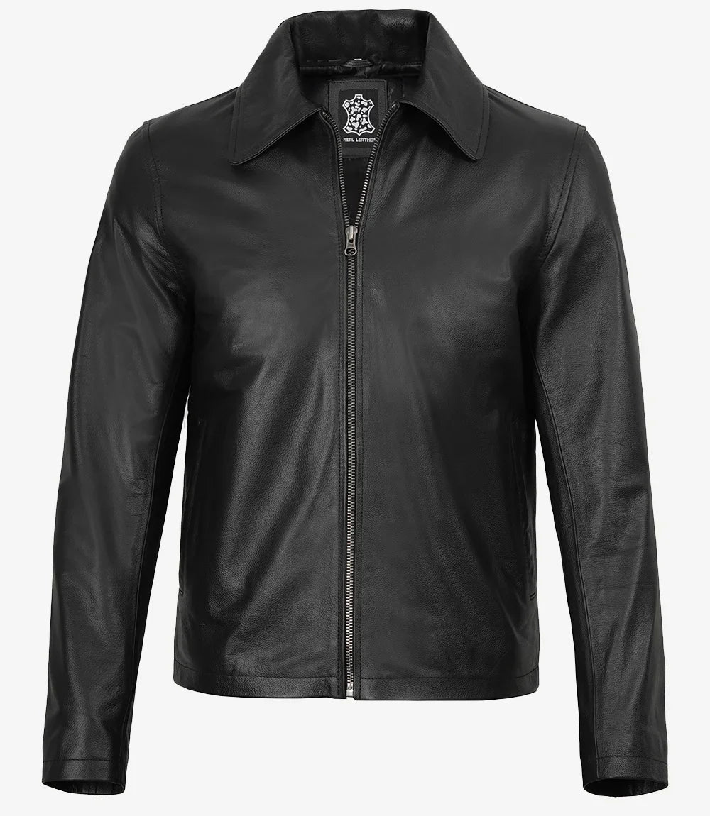 Mens Black Shirt Collar Cowhide Leather Jacket