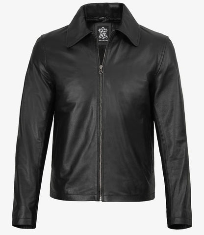 Mens Black Shirt Collar Cowhide Leather Jacket