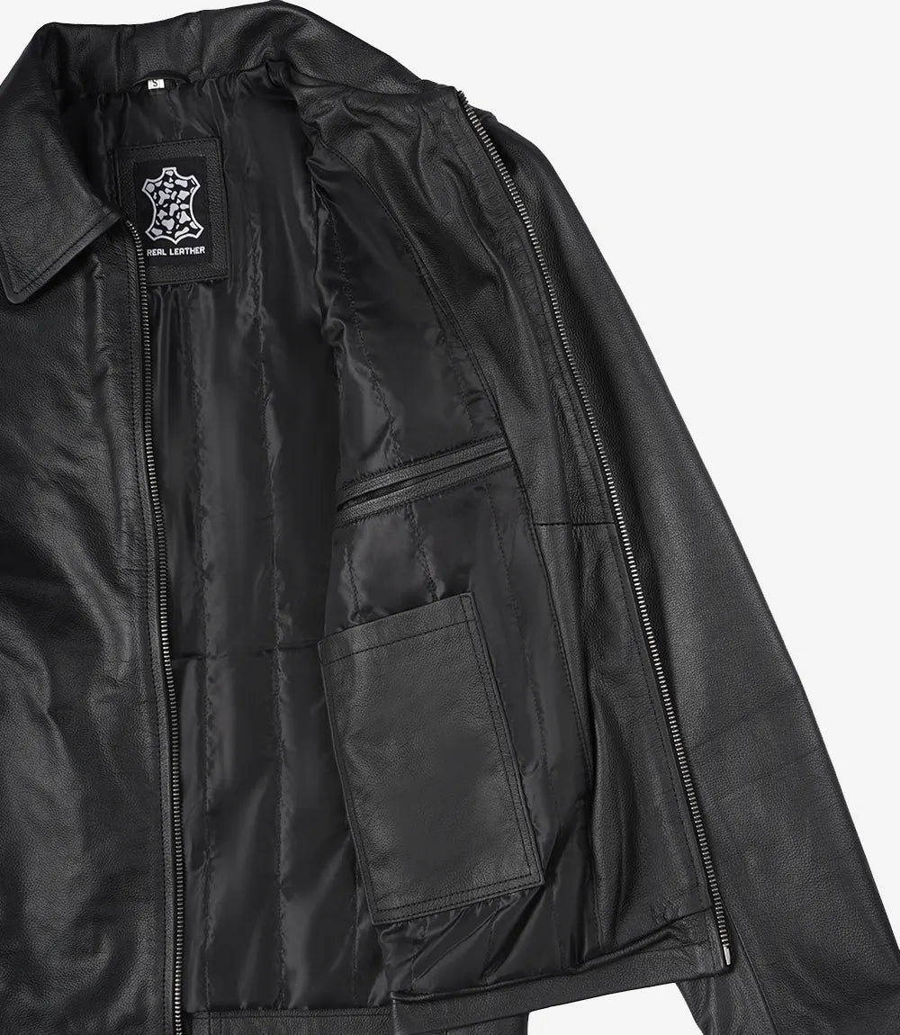 Mens Black Shirt Collar Cowhide Leather Jacket