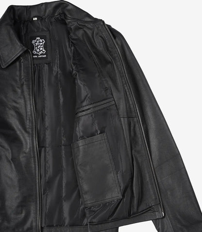 Mens Black Shirt Collar Cowhide Leather Jacket