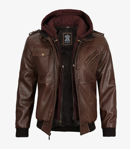 Men's Dark Brown Bomber Leather Jacket with Removable Hood