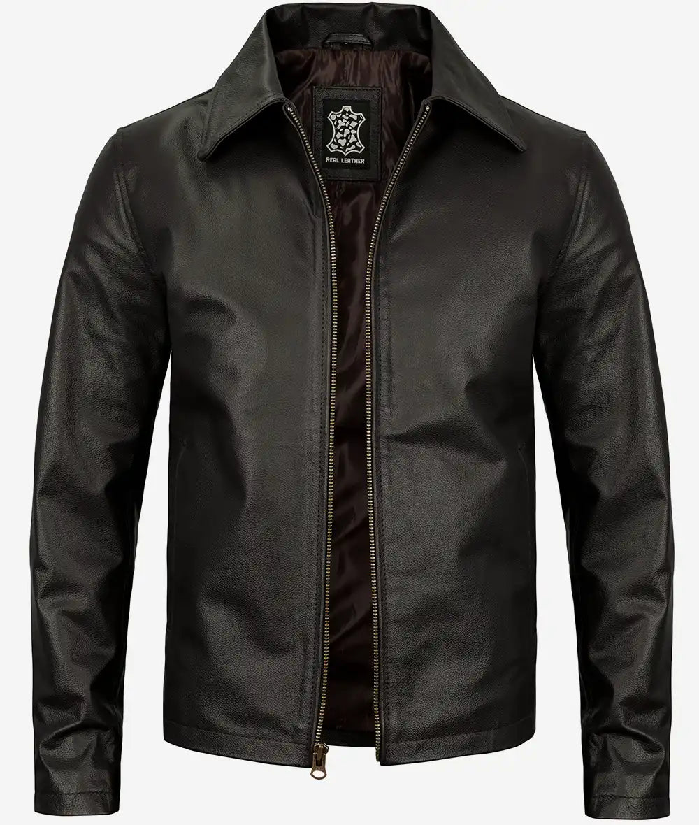 Men's Dark Brown Cowhide Leather Jacket with Shirt Collar Max Jackets