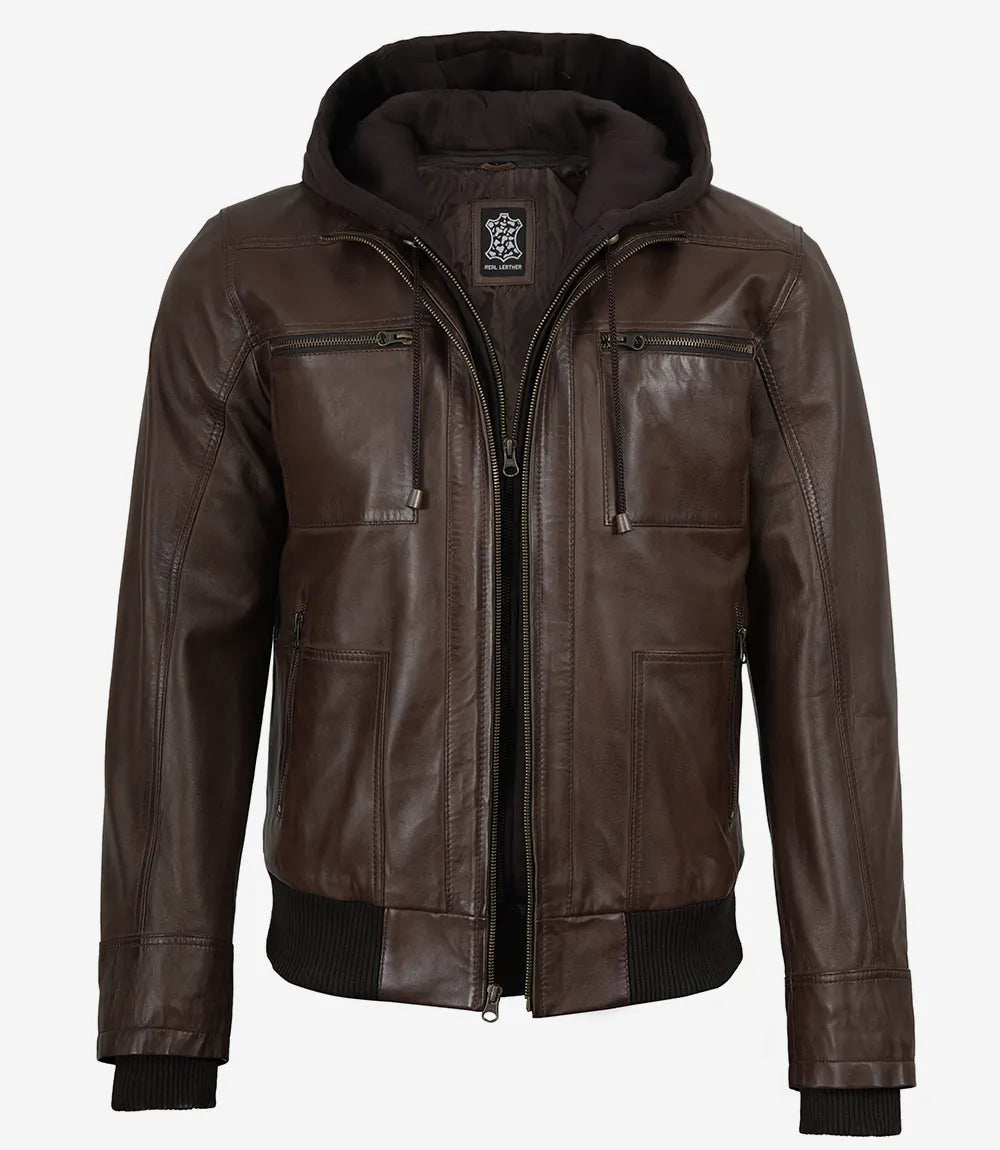 Men's Dark Brown Bomber Leather Jacket With Removable Hood