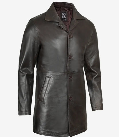 Men's Tall Vintage Dark Brown 3/4 Length Leather Coat