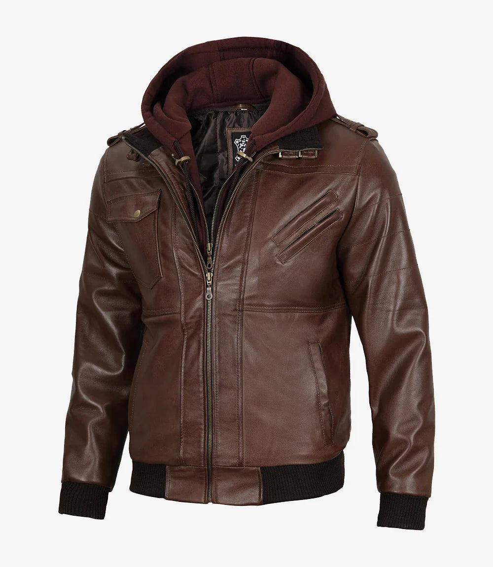 Men's Dark Brown Bomber Leather Jacket with Removable Hood