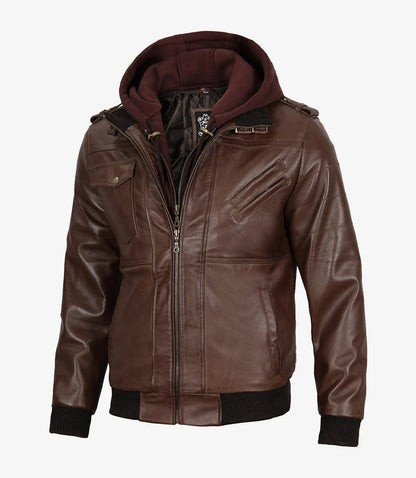 Men's Dark Brown Bomber Leather Jacket with Removable Hood